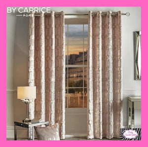 By Caprice Home  Collection Claudette Velvet Foil Print Pair Of Eyelet Curtains In Blush