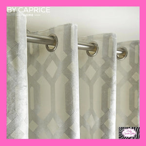 By Caprice Home Collection Claudette Velvet Foil Print Pair Of Eyelet Curtains In Ivory