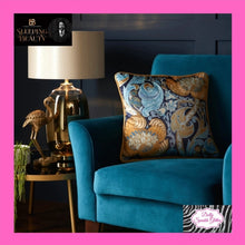 Load image into Gallery viewer, Down the dilly cushion in ochre &amp; blue by Laurence Llewelyn-Bowen