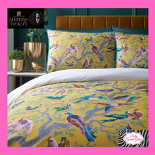 Load image into Gallery viewer, Birdity Absurdity Duvet Set in yellow by Laurence Llewelyn-Bowen