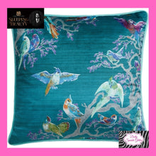 Load image into Gallery viewer, Birdity absurdity cushion in blue by Laurence Llewelyn-Bowen
